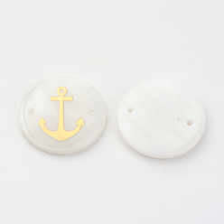 Golden Freshwater Shell Links connectors, Flat Round with Gold Blocking Anchor, Golden, 20x3~4mm, Hole: 1.5mm