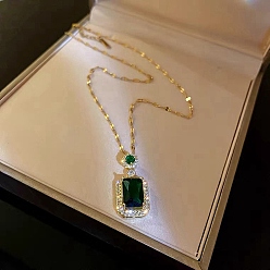 Green Micro Pave Cubic Zirconia and Alloy Square Pendant Necklace, Titanium Steel Dapped Chain Necklaces, Green, 19.69 inch(50cm)