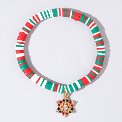 Снежинка Рождественские 304 браслеты из нержавеющей стали с эмалированными подвесками, Разноцветные браслеты из полимерной глины с бусинами хейши, эластичные, для женщин и мужчин., золотые, снежинка, 6.50 дюйм (16.5 см)