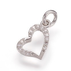 Платина Латунные микро проложить кубического циркония подвески, сердце прелести, платина, 12.5x8x2 мм, отверстие : 3 мм