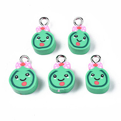 Medium Aquamarine Imitation Food Handmade Polymer Clay Charms, with Platinum Plated Iron Loop, Lollipop with Bowknot & Smile, Medium Aquamarine, 14~15x8~10x4~5mm, Hole: 1.8mm