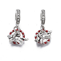 Red Rack Plating Alloy Enamel European Dangle Charms, Large Hole Pendants, with Crystal Rhinestone, Cadmium Free & Nickel Free & Lead Free, Lion, Platinum, Red, 26mm, Hole: 5mm, Lion: 8x14x5.5mm