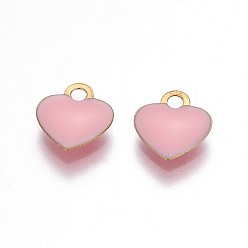 Pink Brass Charms, with Enamel, Enamelled Sequins, Long-Lasting Plated, Nickel Free, Real 18K Gold Plated, Heart, Pink, 10x9x2mm, Hole: 1.6mm
