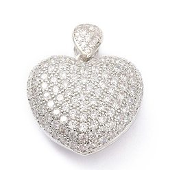 Платина Латунные микропаве прозрачные подвески с фианитом, полый, сердце, платина, 23x25x11.5 мм, отверстие : 6.5x3.5 мм