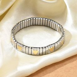 Сердце 304 из нержавеющей стали браслеты простирания, широкие браслеты для женщин, реальный 18 k позолоченный, сердце, 3/8 дюйм (0.95 см), внутренний диаметр: 2 дюйм (5.15 см)