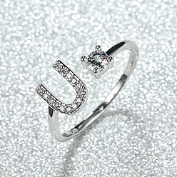 Letter U Манжеты из латуни с микро паве кубический цирконий для женщин, открытые кольца, платина, Буква U, внутренний диаметр: 16~19 мм