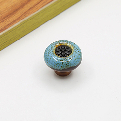 Стально-синий Дверные ручки шкафа из цинкового сплава, кухонный ящик тянет ручки шкафа, плоский круглый с цветочным и леопардовым принтом, стальной синий, 32x26 мм