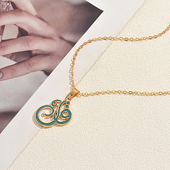 Turquoise Alloy Islamic Arabic Calligraphy Letter Enamel Pendant Necklaces, Real 18K Gold Plated, Turquoise, 18.31 inch(46.5cm)