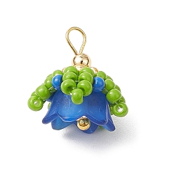 Синий Подвески из нейлоновой проволоки, стеклянных бусин ручной работы с акриловыми колпачками и латунными бусинами, цветок, синие, 14~15x13~15x13~14 мм, отверстие : 2.5x2 мм