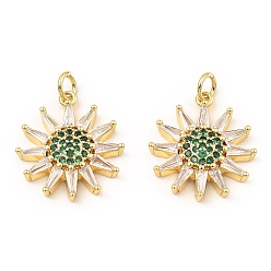 Green Rack Plating Brass Micro Pave Clear Cubic Zirconia Pendants, Cadmium Free & Lead Free, Real 16K Gold Plated, Sun, Green, 20x18x3.5mm