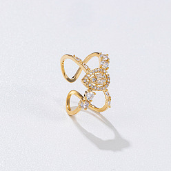 Golden Brass Micro Pave Cubic Zirconia Cuff Open Rings for Women, Teardrop, Golden, 18mm