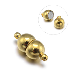 Golden Round Brass Magnetic Clasps with Loops, Nickel Free, Golden, 16x7mm, Hole: 1mm