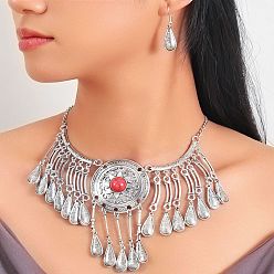 Античное Серебро Комплекты ожерелий и серег-подвесок из сплава и смолы с имитацией бирюзы в форме капли, античное серебро, 450 мм