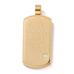 Golden PVD Vacuum Plating 304 Stainless Steel Pendants, with Clear Micro Pave Cubic Zirconia, Rectangle with Word, Golden, 36x16x6mm, Hole: 5mm