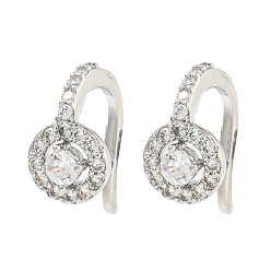 Platinum Rack Plating Brass Micro Pave Clear Cubic Zirconia Dangle Earring, Cadmium Free & Lead Free, Long-Lasting Plated, Clip-on Earrings, Flat Round, Platinum, 14x7mm
