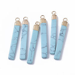 Синтетическая Бирюза Золотые позолоченные бирюзовые подвески, с золотыми тонами железных петель, бар, 44~45x5.5x3 мм, отверстие : 2 мм