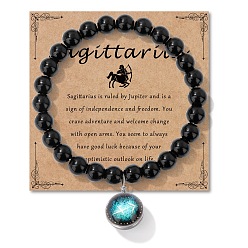 Стрелец Браслеты из круглых бусин с натуральным черным обсидианом, камень рождения, браслеты с подвесками в виде созвездия из сплава и смолы для мужчин и женщин, без поздравительной открытки, Стрелец, периметр: 18см, бусина : 8 mm