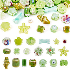 Зеленый лайм 38шт 19 стили фарфоровые бусины ручной работы, яркие глазированный фарфор, разнообразные, зеленый лайм, 6~20x7~20x5~10 мм, отверстие : 1.5~3 мм, 2 шт / стиль