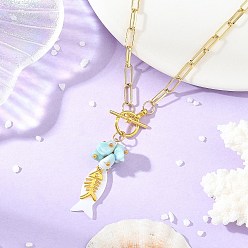 Oro Collares con colgante de larimar natural del océano y concha blanca, cadena de latón con cierre de clip y broches para mujer., dorado, 16.61 pulgada (42.2 cm)