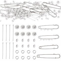 Platine 8 pièces 4 styles épingles de sûreté en fer et strass, accessoires de la broche, avec 30 pièces de perles de boule disco pavées, perles d'espacement en strass de verre, épingles à tête plate et anneau de jonction, platine, 71x20.5x7.5mm, Trou: 2.5mm