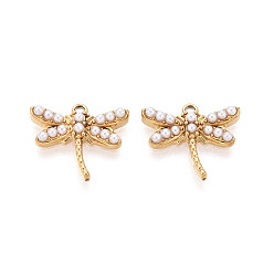 Настоящее золото 18K 304 подвески в виде стрекоз из нержавеющей стали и искусственного жемчуга ABS, ионное покрытие (ip), реальный 18 k позолоченный, 13x15x3 мм, отверстие : 1.2 мм