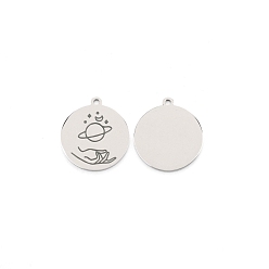 Stainless Steel Color 304 Stainless Steel Pendants, Flat Round with Planet Pattern, Stainless Steel Color, 28x25x1.5mm, Hole: 2mm