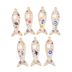 Golden Printed Alloy Enamel Pendants, Fish with Evil Eye Pattern Charms, with Rhinestone and Resin Imitation Cat Eye, Cadmium Free & Nickel Free & Lead Free, Rack Plating, Golden, 43.5x16.5x6.5mm, Hole: 1.6mm