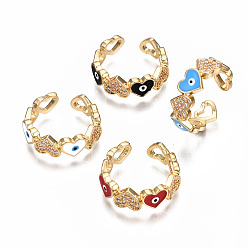 Mixed Color Brass Micro Pave Clear Cubic Zirconia Cuff Rings, Open Rings, with Enamel, Nickel Free, Heart with Evil Eye, Real 16K Gold Plated, Mixed Color, US Size 7 3/4(17.9mm)