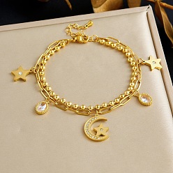 Золотой 304 Браслеты из нержавеющей стали в виде цепочки из скрепки и цепочки из шариков, 304 Браслеты из нержавеющей стали с подвесками из кубического циркония для женщин, Луна и звезды, золотые, 6.69 дюйм (17 см)