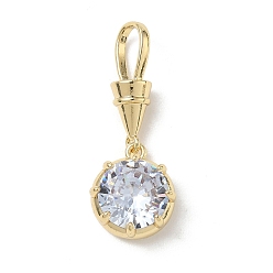 Clair Pendentifs en laiton zircon cubique pavé, charmes de pierre unique, charmes rondes plates, plaqué longue durée, crémaillère plaquage, sans plomb et sans cadmium, réel 18 k plaqué or, clair, 31mm, Trou: 8x5mm