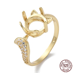 Настоящее золото 18K 925 Кольцо-манжета из стерлингового серебра с микропаве из циркония., Настройки зубчатого кольца в форме кошки, с печатью 925, реальный 18 k позолоченный, лоток : 8x8.5 мм, внутренний диаметр: 16.6 мм