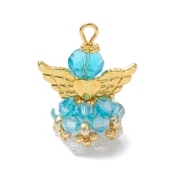 Бирюза Стеклянные подвески, угол, с бусинами-крылышками из сплава и железной петлей, граненые, бирюзовые, 30x21.5x16 мм, отверстие : 2.2~3.6 мм