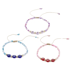 Mixed Color 3Pcs 3 Color Evil Eye Lampwork & Glass Seed Braided Bead Bracelets Set, Nylon Adjustable Bracelets, Mixed Color, Inner Diameter: 2~3-3/8 inch(5.05~86.5cm), 1Pc/color
