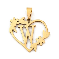 Letter W Ионное покрытие (ip) 201 подвески из нержавеющей стали, сердце с подвесками в виде букв, золотые, Буква W, 23x25x1.5 мм, отверстие : 7.5x3.5 мм
