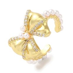 Real 18K Gold Plated Rack Plating Brass Micro Pave Cubic Zirconia Cuff Rings, with Plastic Pearls, Long-Lasting Plated, Lead Free & Cadmium Free, Bowknot, Real 18K Gold Plated, Adjustable