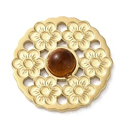 Тигровый глаз Вакуумное покрытие pvd 316 многожильные звенья из нержавеющей стали, с натуральным тигровый глаз, цветок, реальный 18 k позолоченный, 14.5x3 мм, отверстие : 1.2 мм
