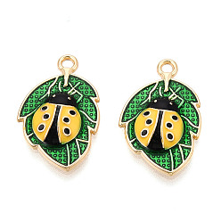 Шампанско-Желтый Подвески из эмали и сплава, без кадмия, без никеля и без свинца, золотой свет, Божья коровка и листик чарм, стойки покрытие, шампанское желтый, 23x14.5x3.5 мм, отверстие : 1.6 мм