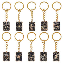 Golden 10Pcs 10 Styles Alloy Enamel Keychains, with Iron Split Key Rings, Rectangle with Tarot, Golden, 79mm, 1pc/style