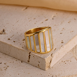 Белый 304 нержавеющая сталь с кольцами из натуральной ракушки, прямоугольные, золотые, белые, размер США 6 (16.5 мм)