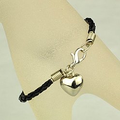 Black PU Leather Braided Charm Bracelets, with CCB Plastic Pendants and Alloy Lobster Claw Clasps, Black, 180mm