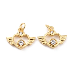 Настоящее золото 18K Латунные микропаве прозрачные подвески с фианитом, с прыжковых колец, долговечный, без кадмия и без свинца, сердце с крыльями, реальный 18 k позолоченный, 11x14x3 мм, отверстие : 2.6 мм