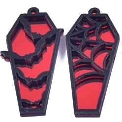 Roja Colgantes acrílicos en forma de ataúd de murciélago de telaraña de halloween, rojo, 47x20 mm