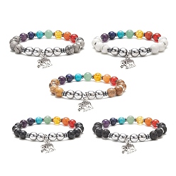 Смешанные камни Браслеты из бисера из бисера и синтетического гематита с чакрами для женщин, браслеты из сплава слона, внутренний диаметр: 2-1/4 дюйм (5.6 см)