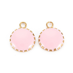 Pink 304 Stainless Steel Enamel Charms, Ion Plating(IP), Golden, Flat Round, Pink, 13.5x10.5x3mm, Hole: 1.6mm