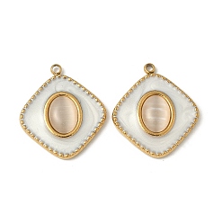 Настоящее золото 18K 304 из нержавеющей стали Cat Eye подвески, ромб прелести, с эмалью, ионное покрытие (ip), реальный 18 k позолоченный, 20.5x18x4 мм, отверстие : 1.4 мм