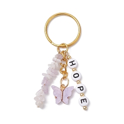 Golden Alloy Acrylic Enamel with Natural Amethyst Keychain, Butterfly, Word HOPE, Golden, 72mm
