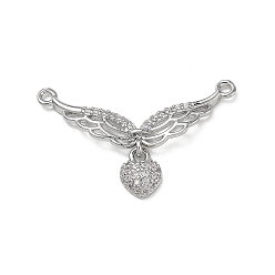 Platino Latón micro pavimenta claro colgantes de circonio cúbico, ala con dijes de corazón, Platino, 18x29x2.5 mm, agujero: 1.2 mm