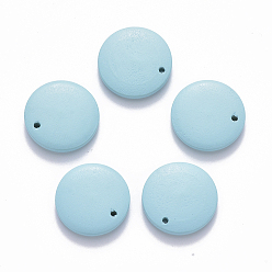 Светло-Голубой Расписные деревянные подвески, плоско-круглые, Небесно-голубой, 20x4 мм, отверстие : 1.5 мм