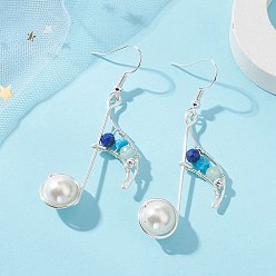 Серебро Латунь болтаться серьги, с бусинами из смешанных камней и жемчуга из ракушек, музыкальная нота, серебряные, 59x23 мм