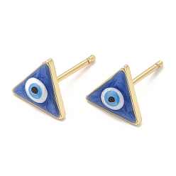 Azul Aretes de triángulo esmaltado con mal de ojo, joyas de latón chapado en oro real 18k para mujer, azul, 8x9 mm, pin: 0.8 mm